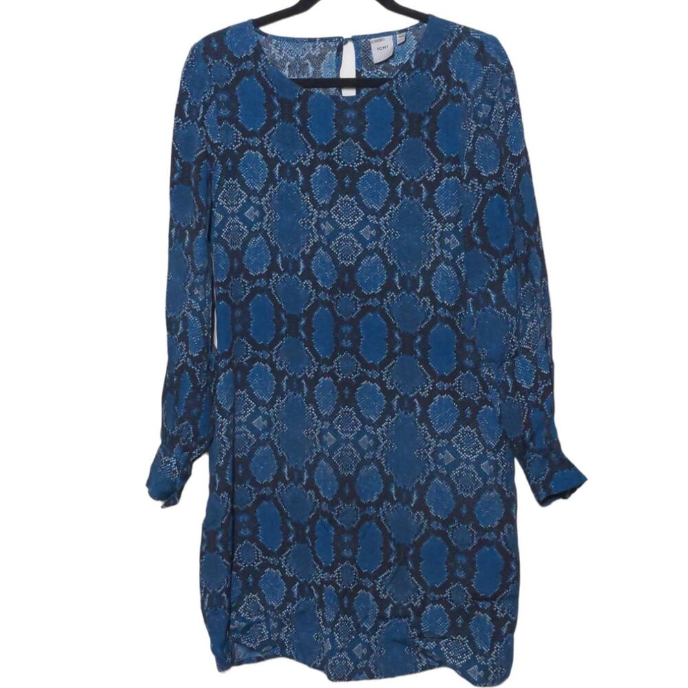 Ichi Womens Shift Dress Teal Damask Knee Length Keyhole Back Long Sleeves L